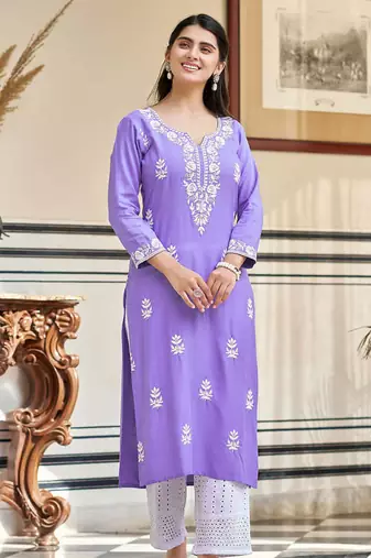 Women's  Chikankari work Pure Rayon Straight Kurta Pant Set