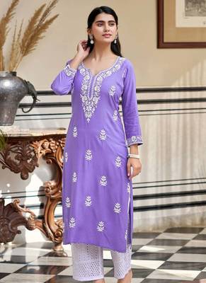 Women's  Chikankari work Pure Rayon Straight Kurta Pant Set 5