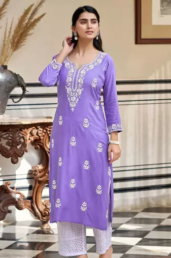 Women's  Chikankari work Pure Rayon Straight Kurta Pant Set