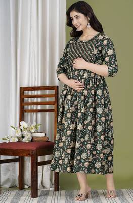 Black  floral printed  cotton flared maternity maxi dress 1
