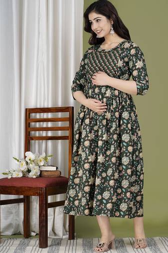 Black aaysa floral printed pure cotton flared maternity maxi dress
