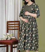 Black  floral printed pure cotton flared maternity maxi dress