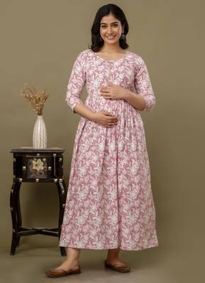 Peach  floral printed  cotton flared maternity maxi dress 1
