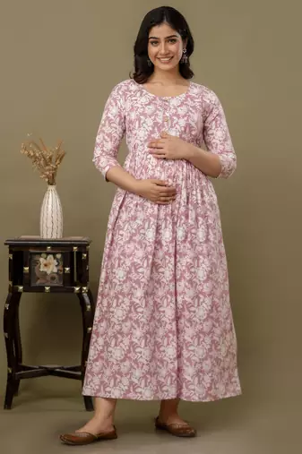 Peach aaysa floral printed pure cotton flared maternity maxi dress