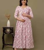 Peach  floral printed pure cotton flared maternity maxi dress