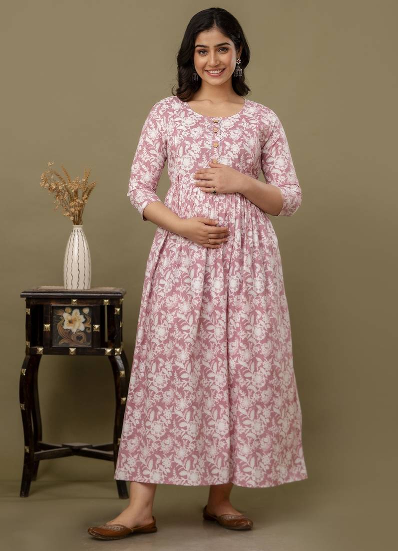 Peach aaysa floral printed pure cotton flared maternity maxi dress