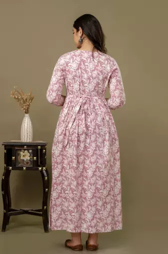 Peach  floral printed  cotton flared maternity maxi dress
