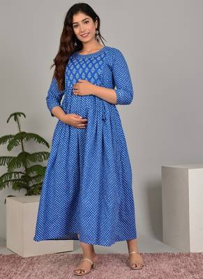 Blue  floral printed  cotton flared maternity maxi dress 1