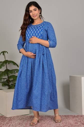 Blue aaysa floral printed pure cotton flared maternity maxi dress