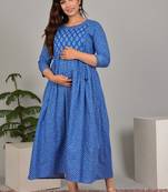 Blue  floral printed pure cotton flared maternity maxi dress