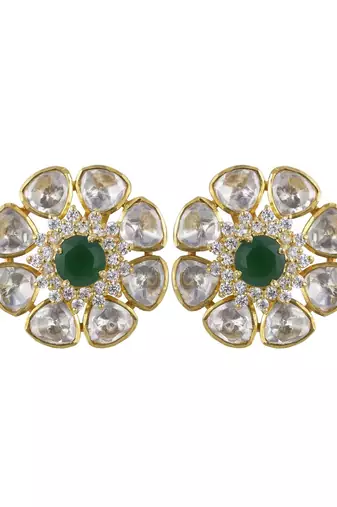 Gold plated green stone stud earrings in sterling silver