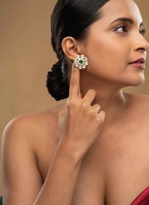 Gold plated green stone stud earrings in sterling silver 1
