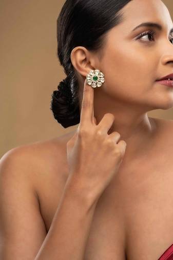 Gold plated green stone stud earrings in sterling silver