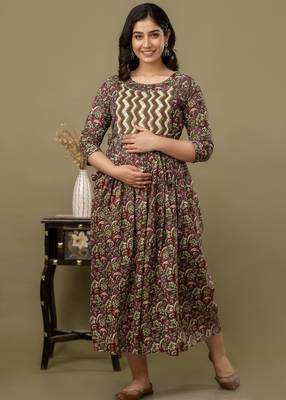 Maroon  floral printed  cotton flared maternity maxi dress 1