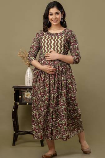Maroon aaysa floral printed pure cotton flared maternity maxi dress