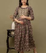 Maroon  floral printed pure cotton flared maternity maxi dress