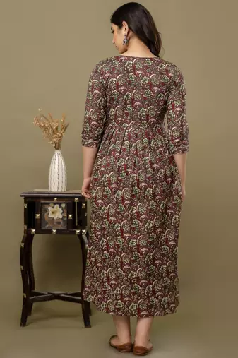Maroon  floral printed  cotton flared maternity maxi dress