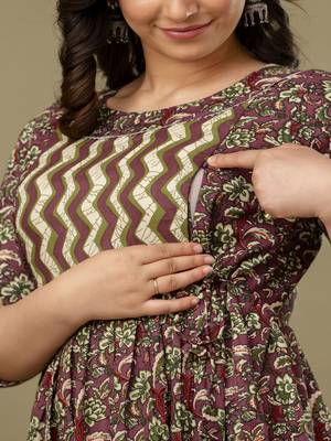 Maroon  floral printed  cotton flared maternity maxi dress 3
