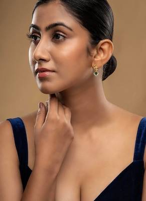 Gold plated green stone dangler earrings in sterling silver 1