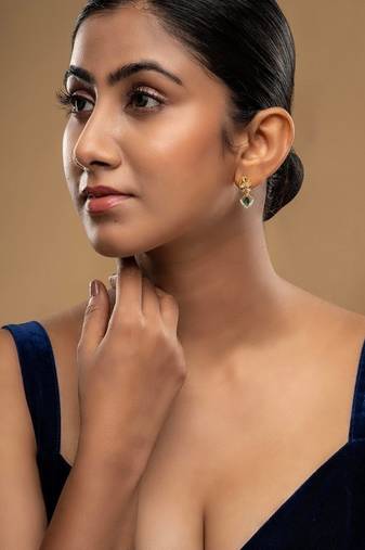 Gold plated green stone dangler earrings in sterling silver