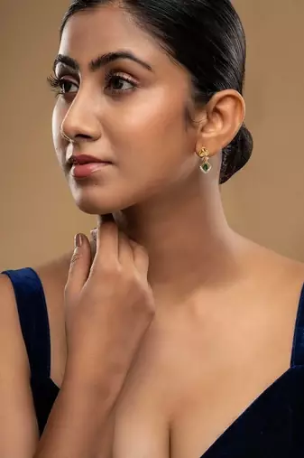 Gold plated green stone dangler earrings in sterling silver