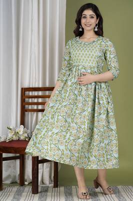 Green  floral printed  cotton flared maternity maxi dress 1
