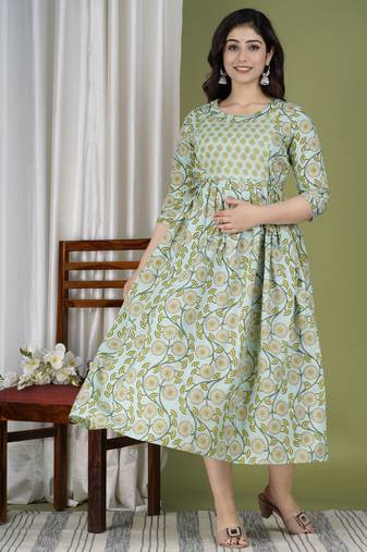 Green aaysa floral printed pure cotton flared maternity maxi dress