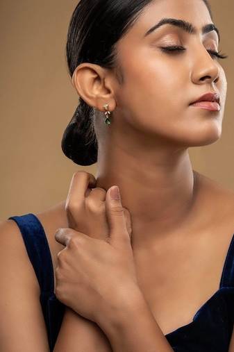 Gold plated green stone dangler earrings in sterling silver