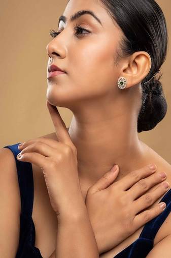 Gold plated green stone stud earrings in sterling silver