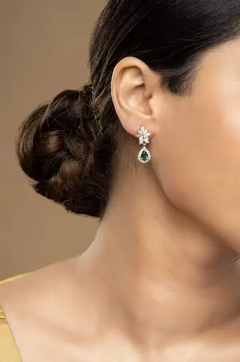 Gold plated green stone dangler earrings in sterling silver