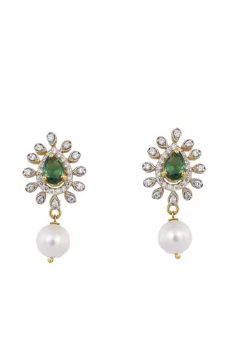 Gold plated green stone dangler earrings in sterling silver