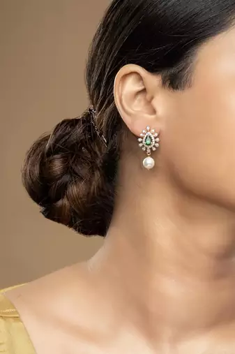 Gold plated green stone dangler earrings in sterling silver