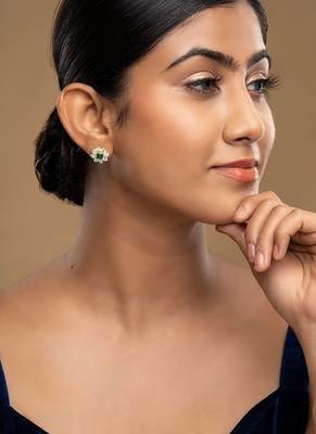 Gold plated green stone stud earrings in sterling silver 1
