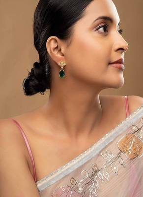 Gold plated green stone dangler earrings in sterling silver 1
