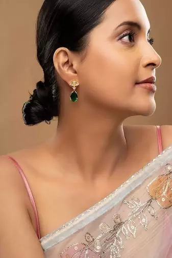 Gold plated green stone dangler earrings in sterling silver