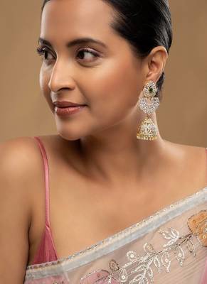 Gold plated green stone jhumkas in sterling silver 1