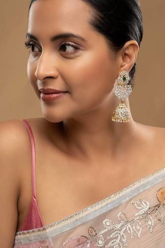 Gold plated green stone jhumkas in sterling silver