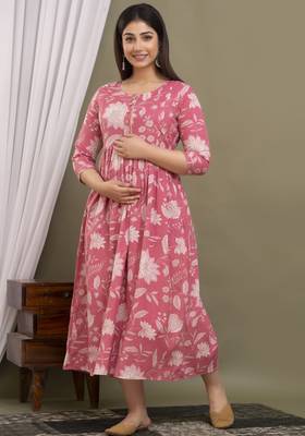 Pink  floral printed  cotton flared maternity maxi dress 1