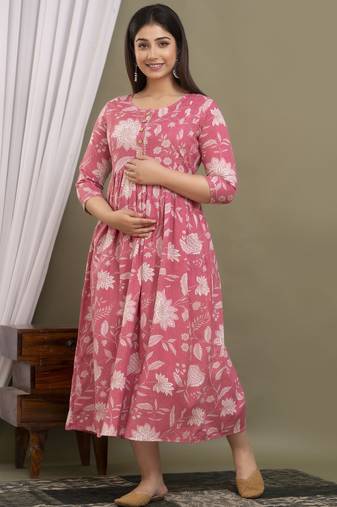 Pink aaysa floral printed pure cotton flared maternity maxi dress