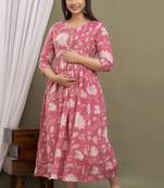 Pink  floral printed pure cotton flared maternity maxi dress