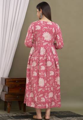 Pink  floral printed  cotton flared maternity maxi dress 2