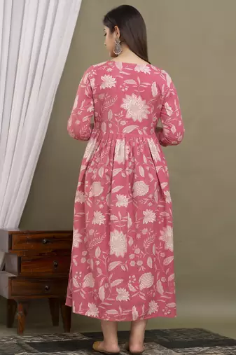 Pink  floral printed  cotton flared maternity maxi dress