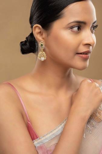 Gold plated green stone jhumkas in sterling silver
