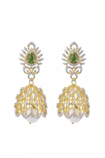 Gold plated green stone jhumkas in sterling silver