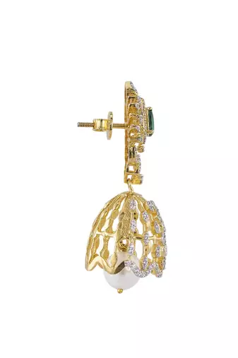 Gold plated green stone jhumkas in sterling silver