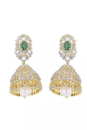 Gold plated green stone jhumkas in sterling silver