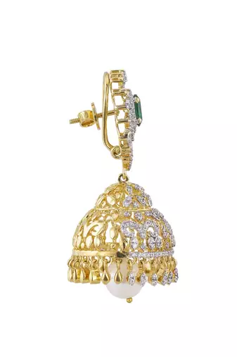 Gold plated green stone jhumkas in sterling silver