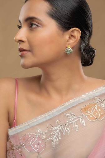 Gold plated green stone stud earrings in sterling silver