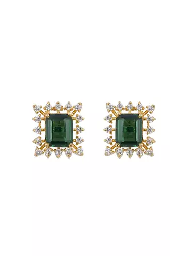 Gold plated green stone stud earrings in sterling silver