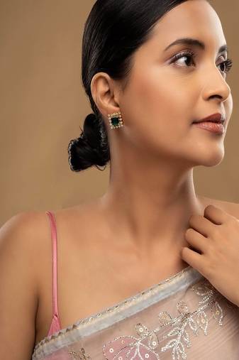 Gold plated green stone stud earrings in sterling silver